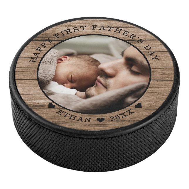  Rustic Wood Happy First Father's Day Photo  Hockey Puck (3/4)