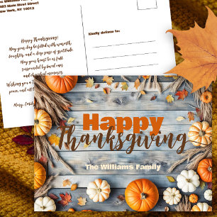 Rustic Wood Harvest Pumpkin Family Thanksgiving Postcard