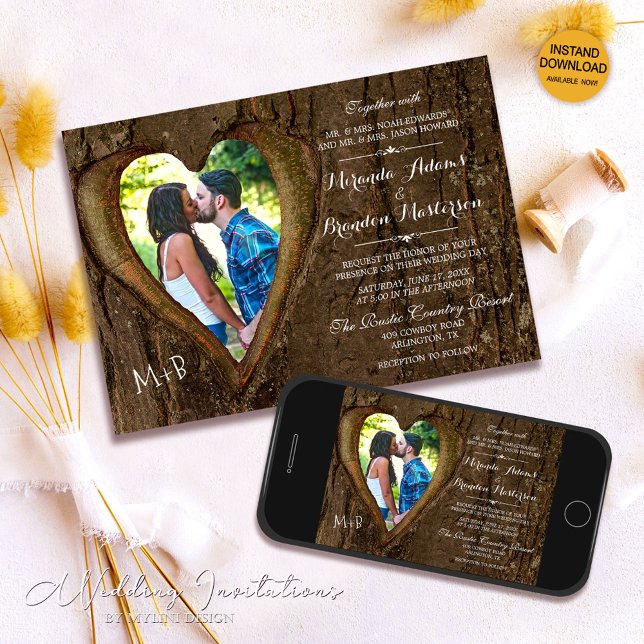 Rustic Wood Heart Country Photo Wedding Invitation (Creator Uploaded)