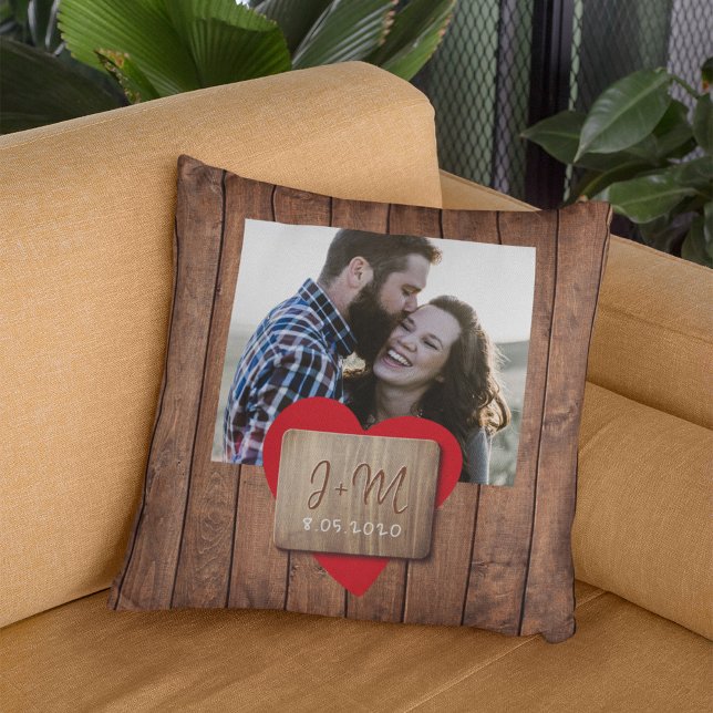 Rustic wood heart couple photo monogram initials  cushion (Creator Uploaded)