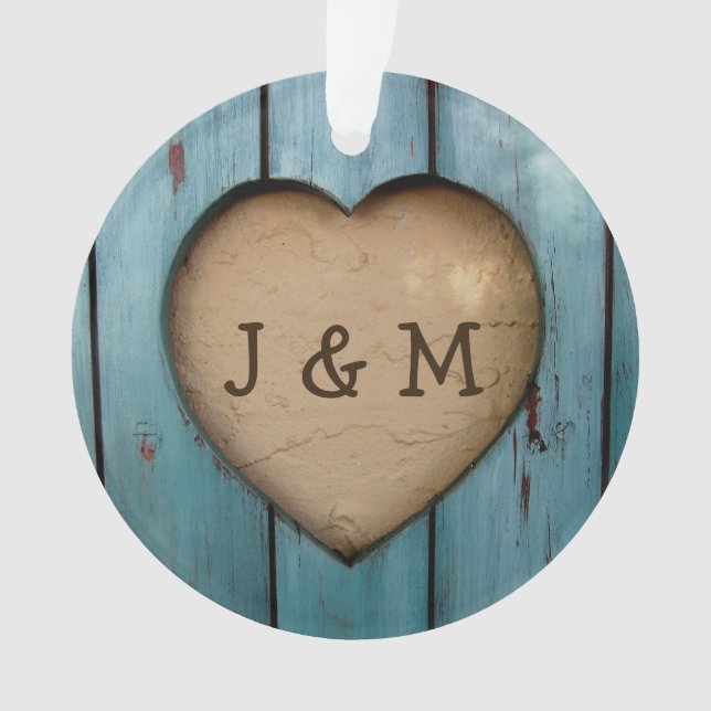 Rustic Wood Heart Custom Year Initial Favour Ornament (Front)