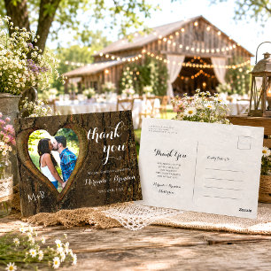 Rustic Wood Heart Photo Wedding Thank You Postcard