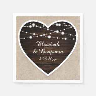 Rustic Wood Heart String Lights Burlap Wedding Napkin