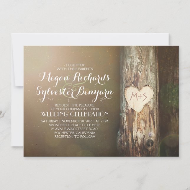 rustic wood heart tree country wedding invitation (Front)