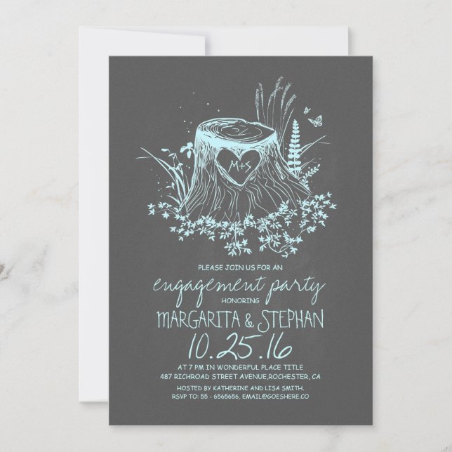 Rustic wood heart tree engagement party invite (Front)