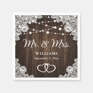 Rustic Wood Hearts Lace String Lights Wedding Napkin