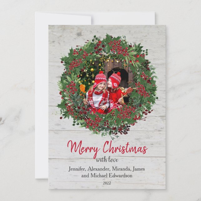 Rustic wood holly Merry Christmas family photo Holiday Card (Front)