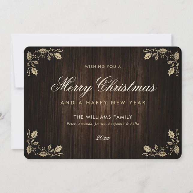 Rustic Wood Holly Merry Christmas Happy New Year Holiday Card (Front)