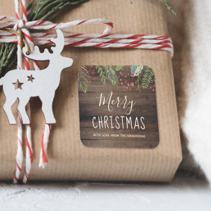 Rustic Wood Holly & Pine Christmas Holiday Party Square Sticker