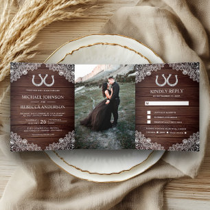 Rustic Wood Horseshoes Lace Wedding Photo Tri-Fold Invitation