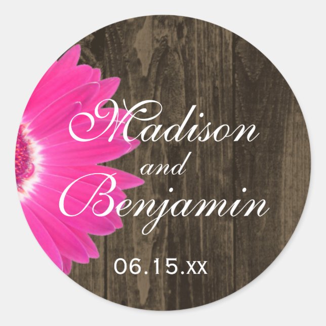 Rustic Wood Hot Pink Daisy Wedding Favour Stickers (Front)