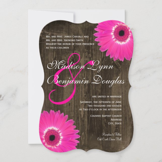Rustic Wood Hot Pink Daisy Wedding Invitations (Front)