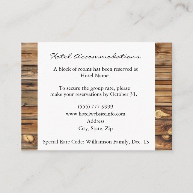 Rustic Wood Hotel Accommodation Enclosure Cards (Front)