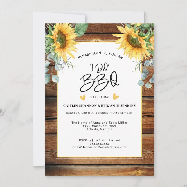 Rustic Wood I Do BBQ Sunflower Bridal Shower Invitation (Front)
