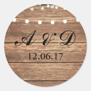 Rustic Wood Initials String Lights Stickers Label