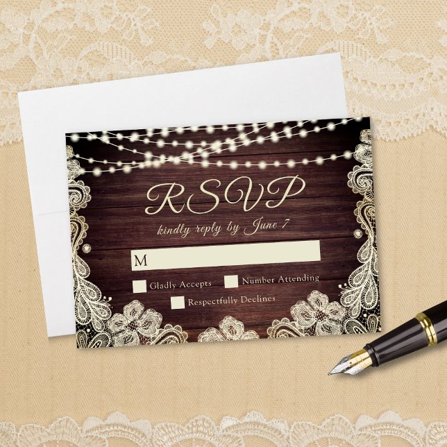 Rustic Wood Ivory Lace String Lights Wedding RSVP Card (Creator Uploaded)