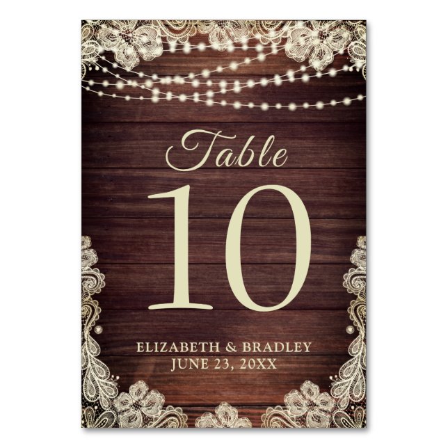 Rustic Wood Ivory Lace String Lights Wedding Table Number (Front)