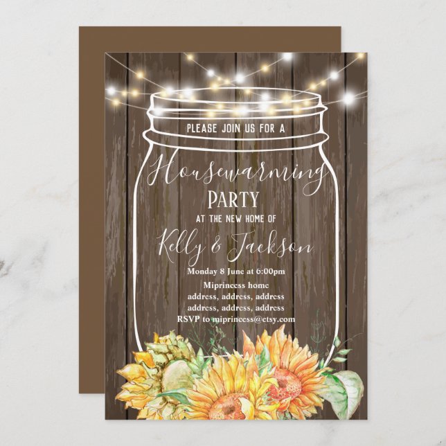 rustic wood, jar, housewarming party invitation (Front/Back)