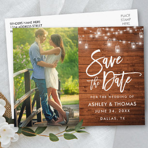 Rustic Wood Jar Lights Brush Script Save The Date Postcard