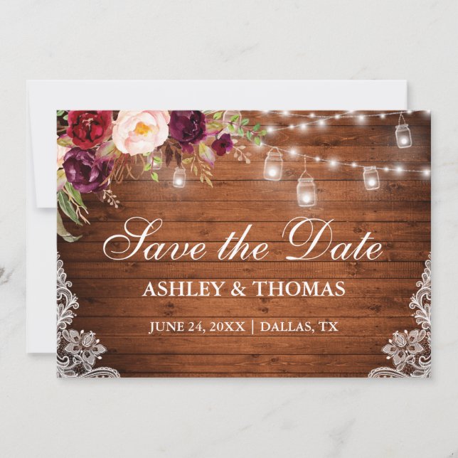 Rustic Wood Jar Lights Floral Lace Save the Date (Front)