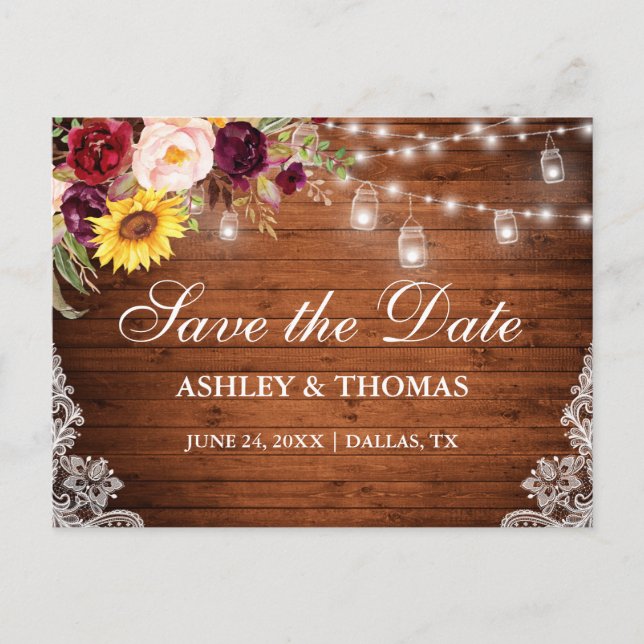 Rustic Wood Jar Lights Lace Floral Announcement Postcard (Front)
