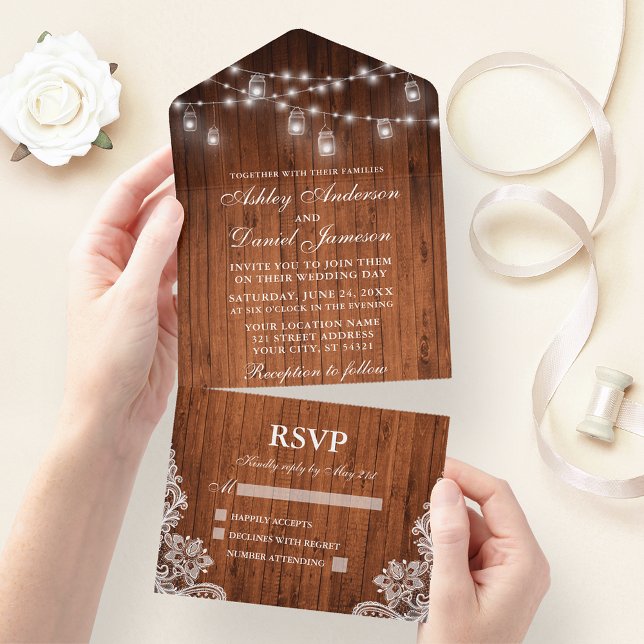 Rustic Wood Jar Lights Lace Wedding All In One Invitation (All In One Wedding Invitation with tear off RSVP Card)