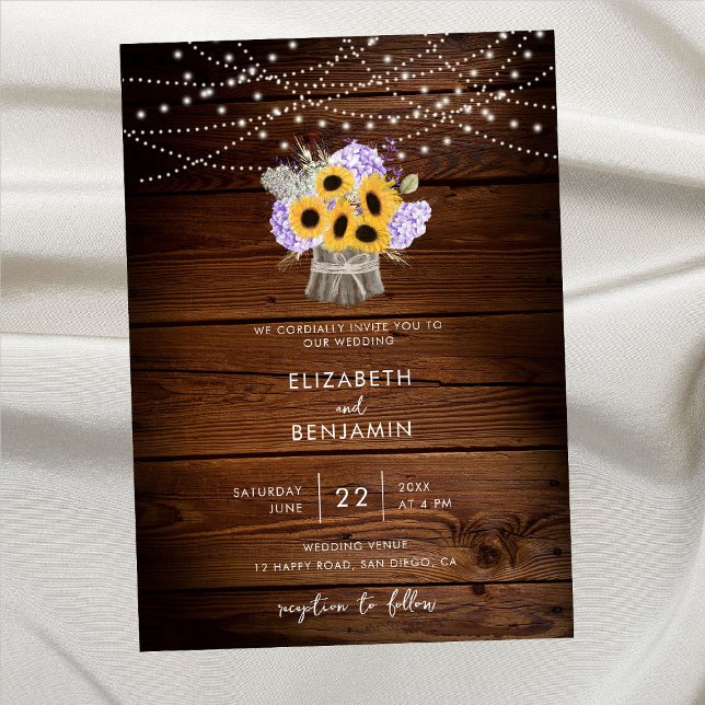Rustic Wood Jar Sunflower Hydrangea Modern Wedding Invitation (Creator Uploaded)