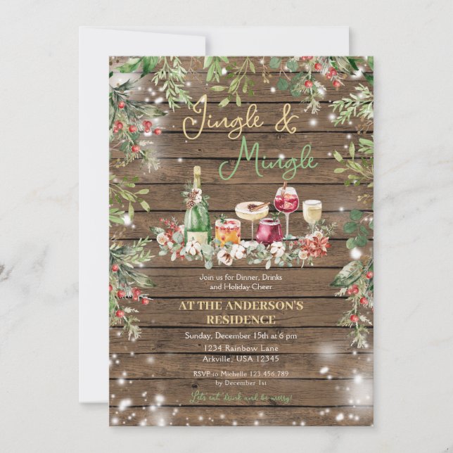 Rustic Wood Jingle & Mingle Christmas Dinner Party Invitation (Front)