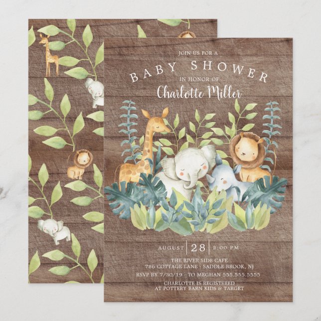 Rustic Wood Jungle Animals Baby Shower Invitation (Front/Back)
