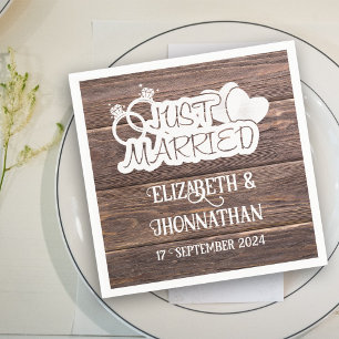 Rustic Wood Just Married Elegant Country Wedding Napkin