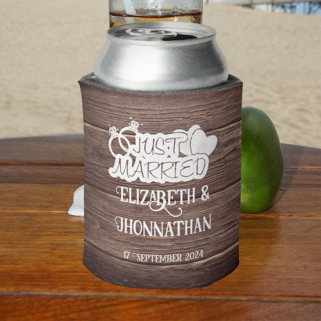 Rustic Wood Just Married Elegant Wedding Favours Can Cooler (Creator Uploaded)