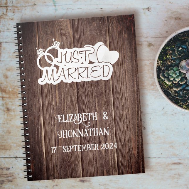 Rustic Wood Just Married  Elegant Wedding Planner  Notebook (Creator Uploaded)
