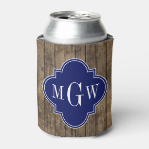 Rustic Wood L Planks #1 Navy Quatrefoil 3 M'gram Can Cooler