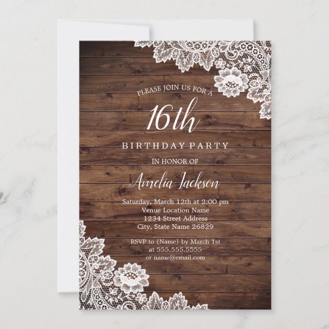 Rustic Wood Lace 16th Birthday Party Invitation (Front)