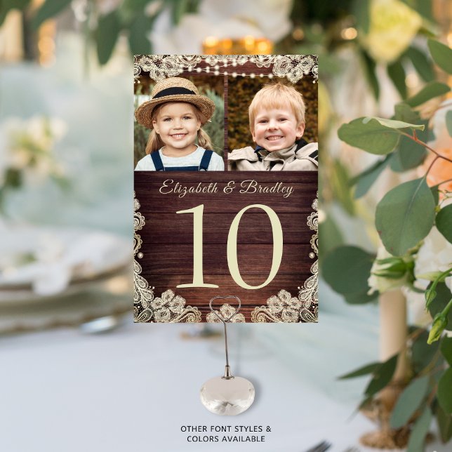 Rustic Wood Lace 2 Photo Wedding Table Number Sign (Creator Uploaded)