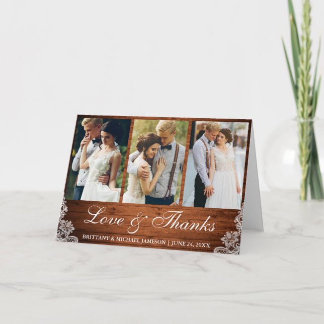 Rustic Wood Lace 3 Photo Love and Thanks Fold Thank You Card (Front)