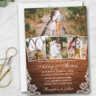 Rustic Wood Lace 4 Photo Wedding Invitation
