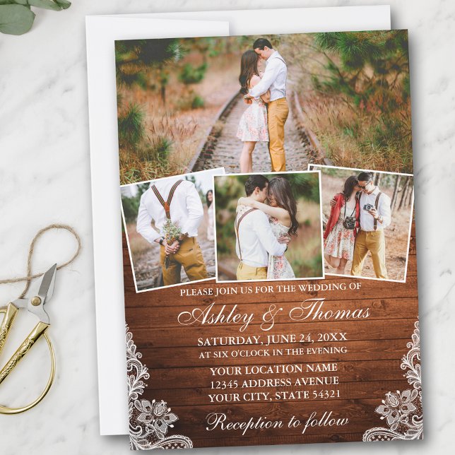 Rustic Wood Lace 4 Photo Wedding Invitation (Customize to add more text or more photos to back of card.)