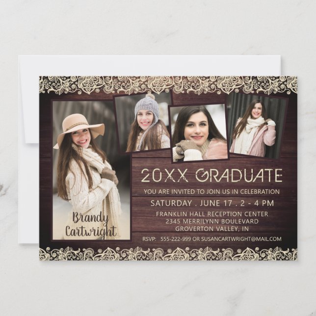 Rustic Wood Lace 5 Photo Collage Graduation Invitation (Front)
