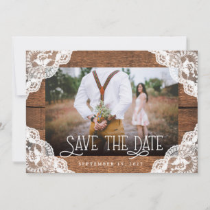 Rustic Wood Lace and Lights Photo Save the Date