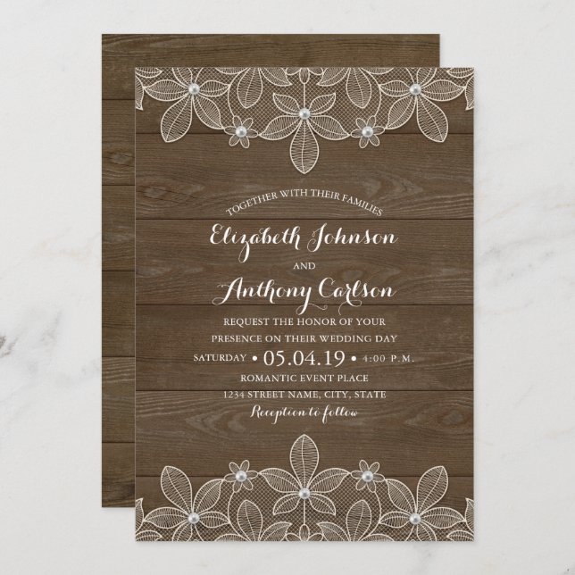Rustic Wood Lace and Pearls Wedding Invitation (Front/Back)