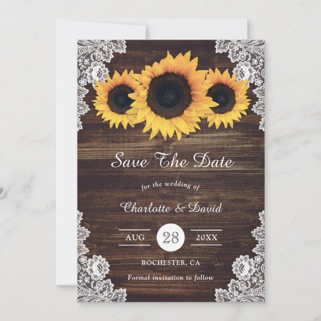 Rustic Wood Lace and Sunflower Save The Date Cards (Front)