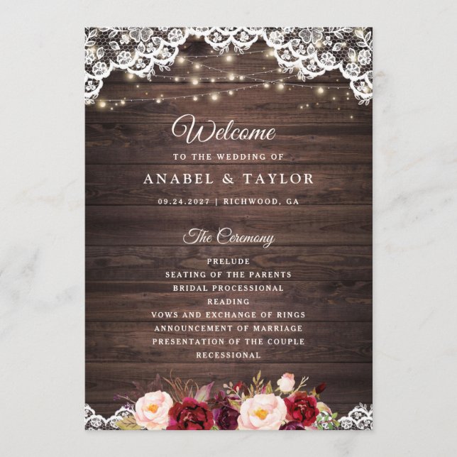 Rustic Wood Lace Blush Burgundy Wedding Program Programme (Front)