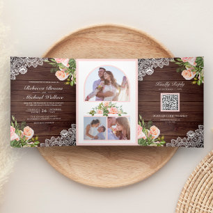 Rustic Wood Lace Blush Pink Floral QR Code Wedding Tri-Fold Invitation