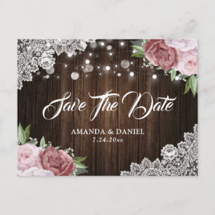 Rustic Wood Lace Blush Pink Save The Date Postcard
