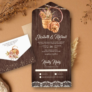 Rustic Wood Lace Boho Pumpkin Autumn Fall Wedding All In One Invitation