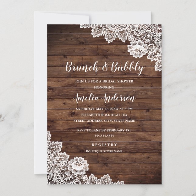 Rustic Wood Lace Brunch And Bubbly Bridal Shower Invitation (Front)