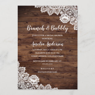 Rustic Wood Lace Brunch And Bubbly Bridal Shower Invitation