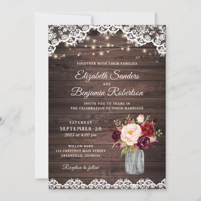 Rustic Wood Lace Burgundy Blush Mason Jar Wedding Invitation (Front)