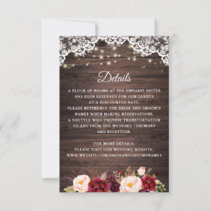 Rustic Wood Lace Burgundy Blush Wedding Details Invitation